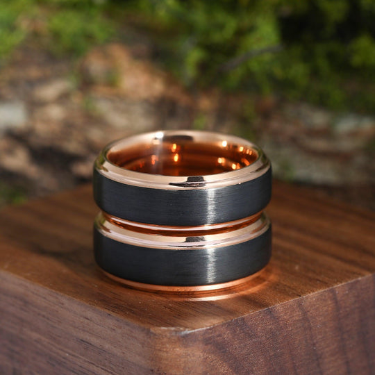 8mm Polished Black Brushed Rose Gold Tungsten Ring Men’s Anniversary Ring - Esdomera