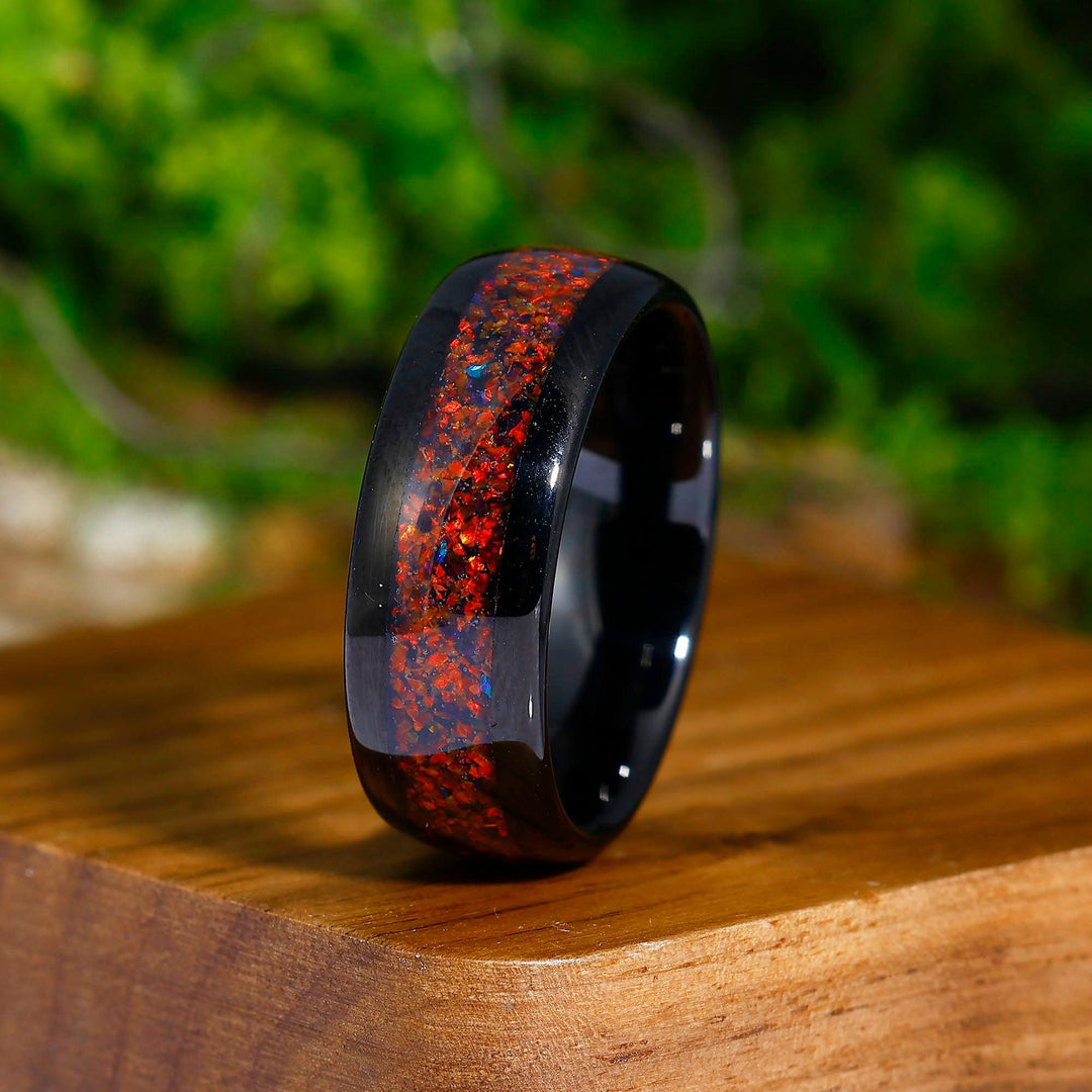 8mm Red Opal Wedding Band Black Tungsten Promise Ring Polished Dome Ring Unisex Ring Gift - Esdomera