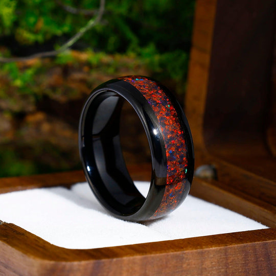 8mm Red Opal Wedding Band Black Tungsten Promise Ring Polished Dome Ring Unisex Ring Gift - Esdomera