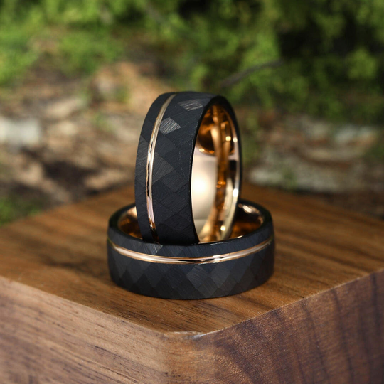 8mm Rose Gold Grooved Black Rhombic Tungsten Men’ s Ring For Birthday Gift - Esdomera