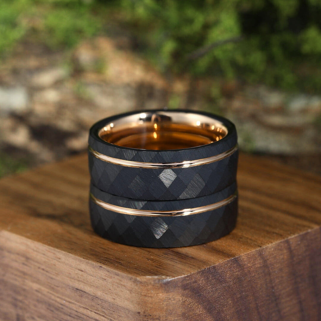 8mm Rose Gold Grooved Black Rhombic Tungsten Men’ s Ring For Birthday Gift - Esdomera