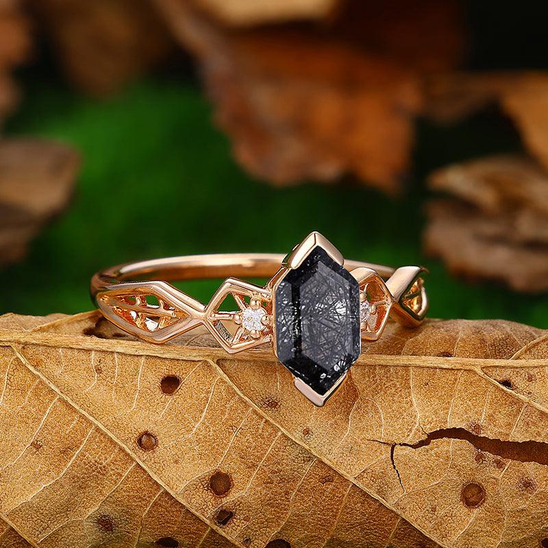 925 Sliver Half Eternity Natural Black Rutilated Quartz Engagement Ring - Esdomera