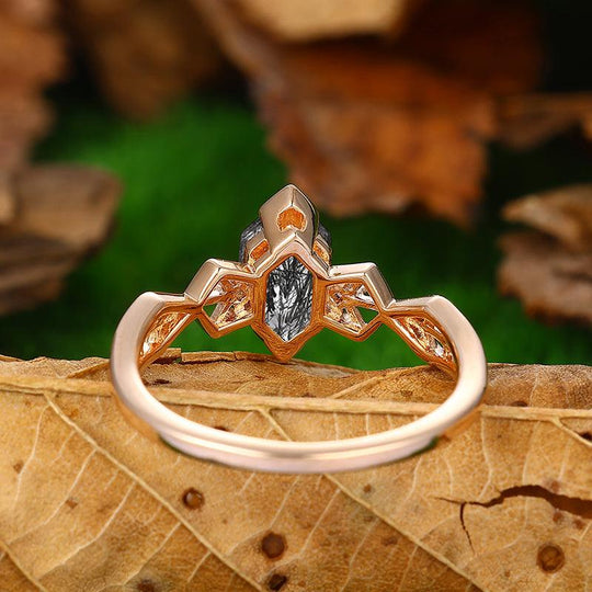 925 Sliver Half Eternity Natural Black Rutilated Quartz Engagement Ring - Esdomera