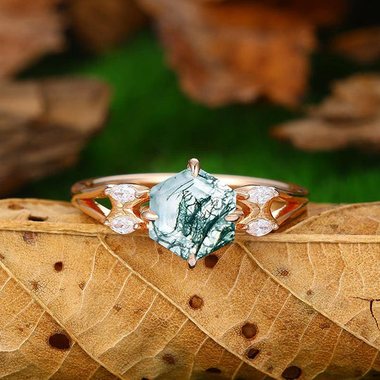 925 Sliver Hexagon Cut Cluster Natural Moss Agate Engagement Ring - Esdomera