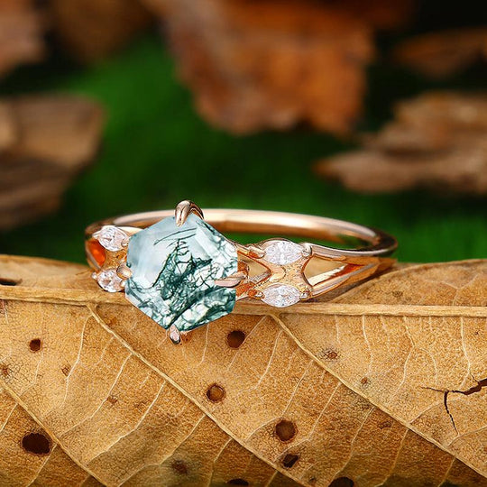 925 Sliver Hexagon Cut Cluster Natural Moss Agate Engagement Ring - Esdomera