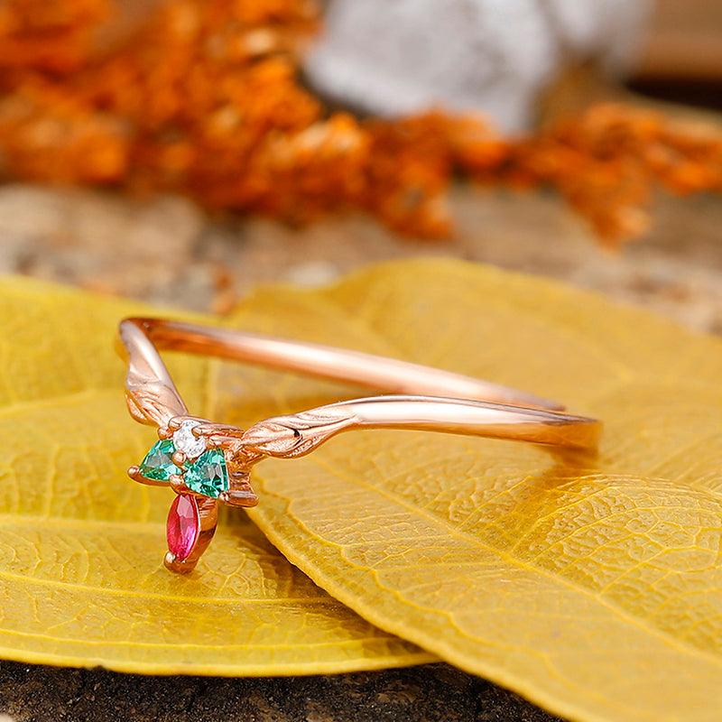 925 Sterling Silver synthetic emerald and ruby Leaf vine Stacking Matching wedding band - Esdomera