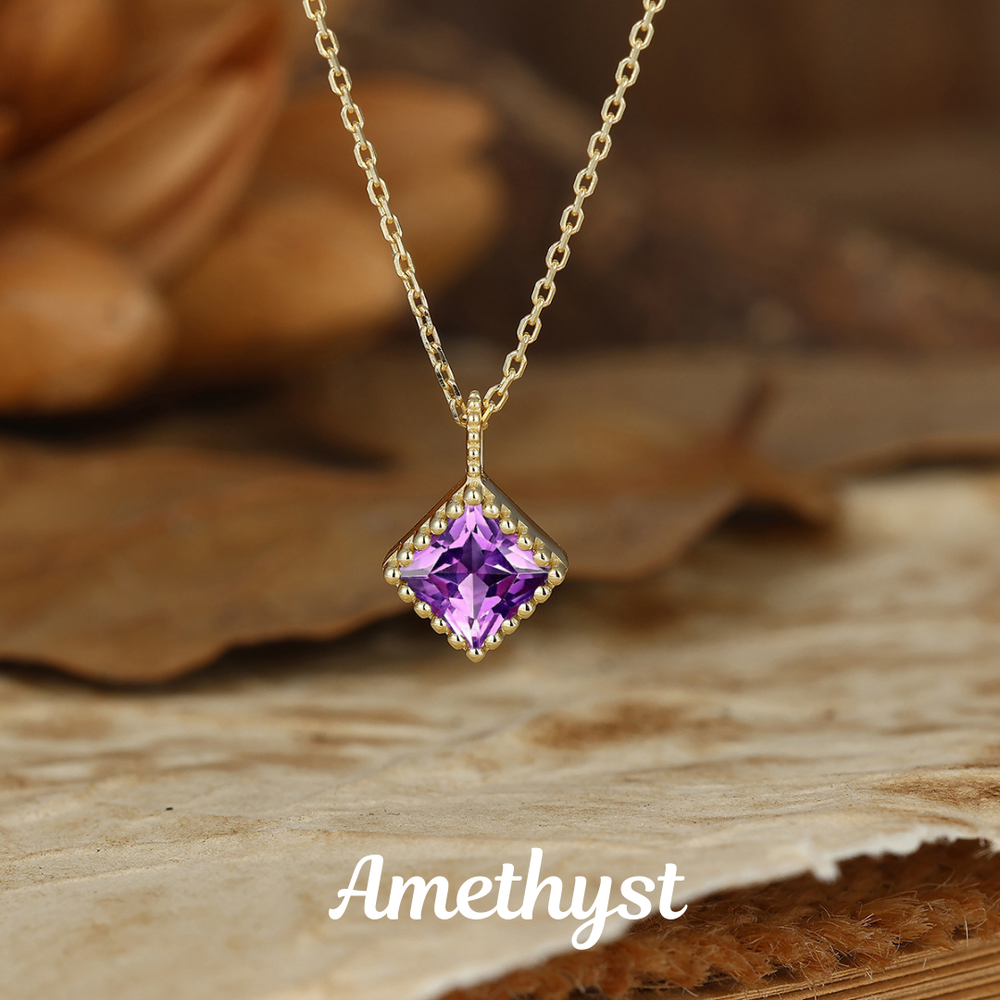 Unique Princess Shape Moss Agate Milgrain Pendant Necklace Rose Gold Neckalce Wedding Gift