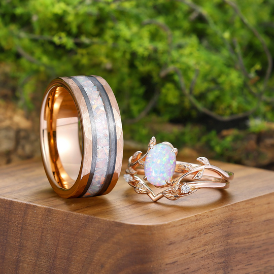 Unique Leaves Branches Pink White Opal Engagement Couples Ring Set His And Hers Wedding Bands