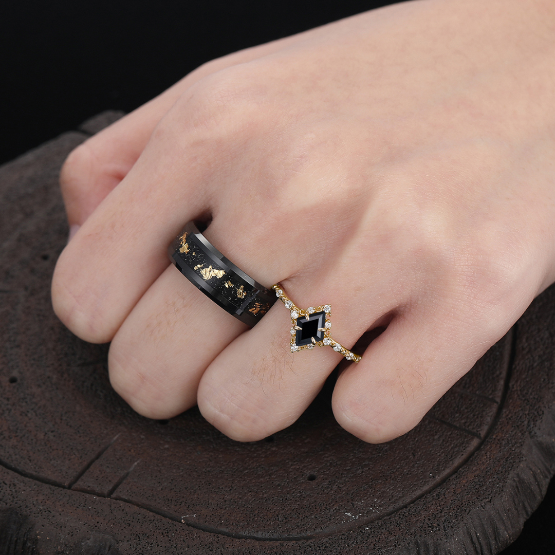 Delicate Black Onyx Half Eternity Engagement Couples Ring His And Hers Gold Black Tungsten Matching Wedding Band