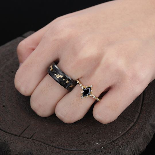 Delicate Black Onyx Half Eternity Engagement Couples Ring His And Hers Gold Black Tungsten Matching Wedding Band