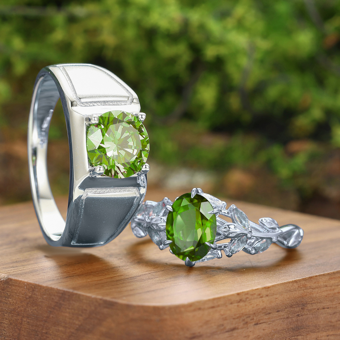 Natuurgeïnspireerde ovale peridoot ringen voor koppels augustus peridoot matchende ringen voor hem en haar