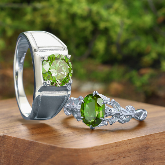 Natuurgeïnspireerde ovale peridoot ringen voor koppels augustus peridoot matchende ringen voor hem en haar