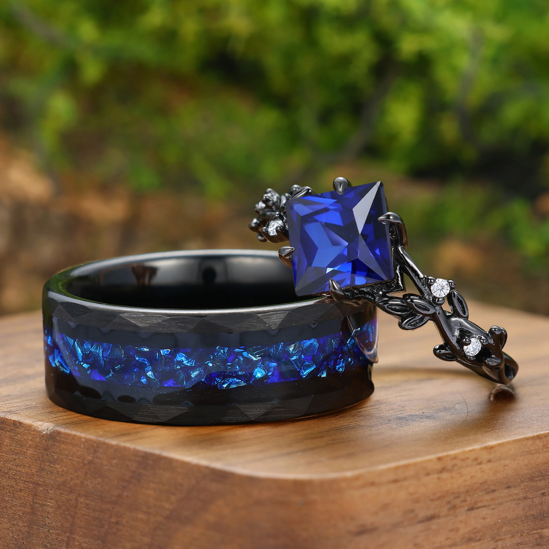 Dainty Princess Cut Sapphire Leaf Twig Couple Ring Sapphire Black Plated Rings For Him And Her
