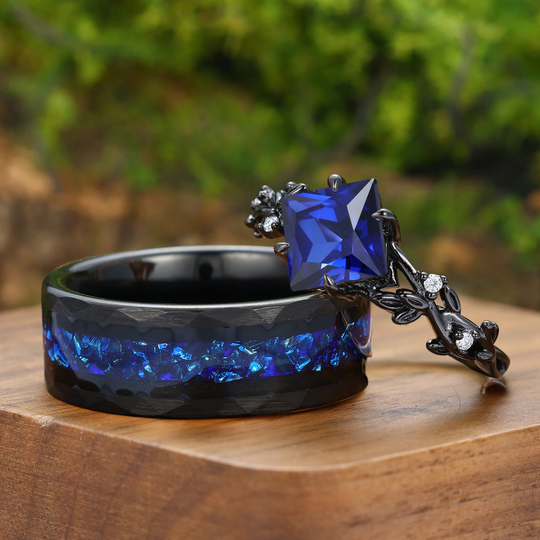 Dainty Princess Cut Sapphire Leaf Twig Couple Ring Sapphire Black Plated Rings For Him And Her