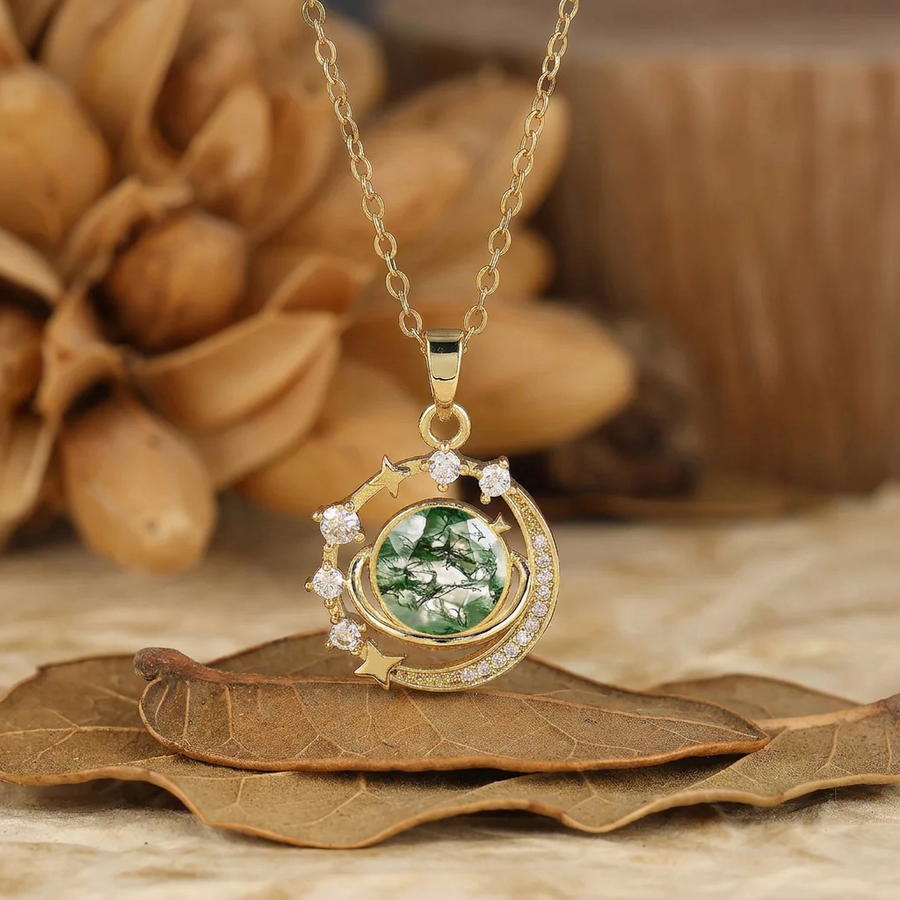 925 Zilveren Fijn Rond Natuurlijk Mos Agaat Maan en Sterren Hanger Ketting 14K Gouden Ketting