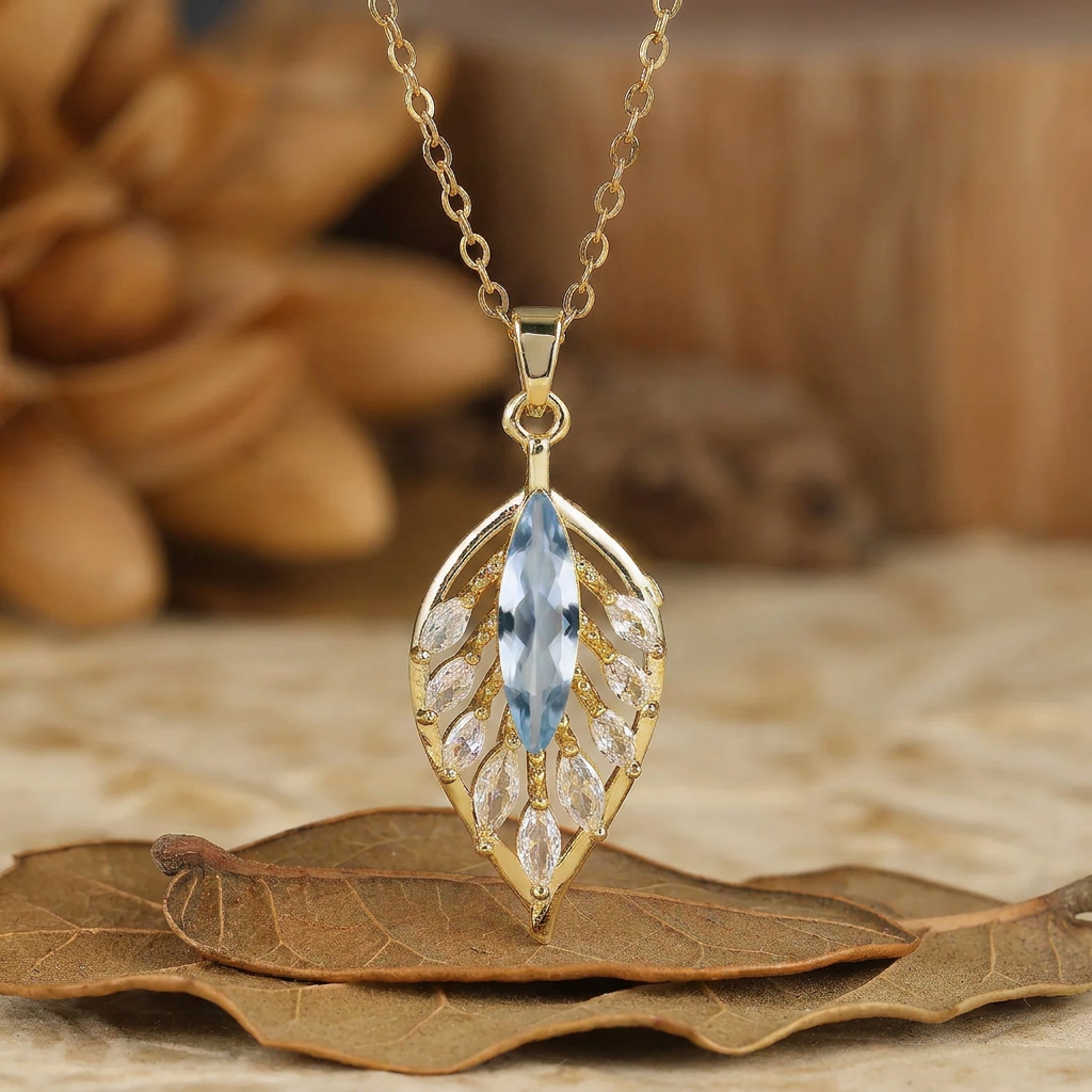 925 Argento Collana con Pendente a Forma di Piuma/Foglia Marquise con Acquamarina, Collana in Oro 14K per Donna