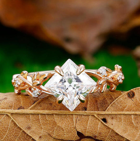 Custom Order - 9 x 9 mm Princess Cut Moissanite Engagement Leaf Ring