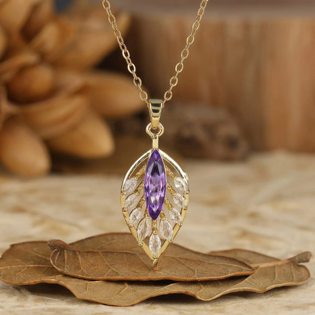 925 Silver Marquise Natural Amethyst Feather/Leaf Design Pendant Necklace 14K Gold Neckalce for Women
