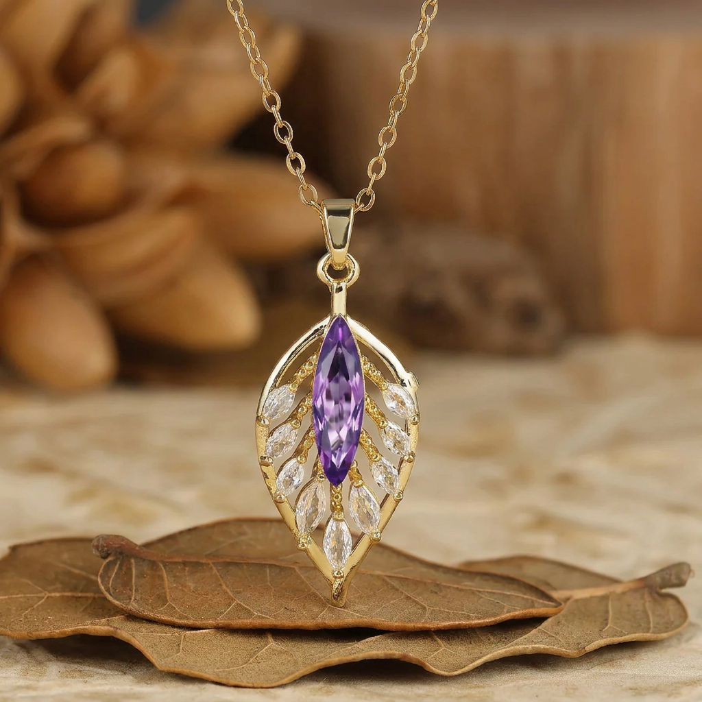 925 Argento Collana con Pendente a Forma di Piuma/Foglia Marquise con Acquamarina, Collana in Oro 14K per Donna