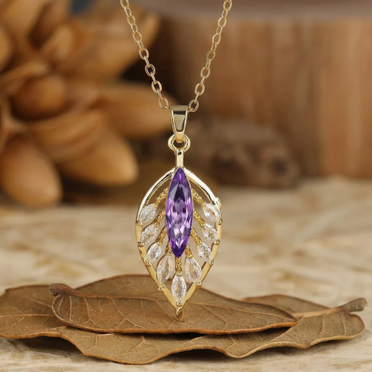 925 Argento Collana con Pendente a Forma di Piuma/Foglia Marquise con Acquamarina, Collana in Oro 14K per Donna