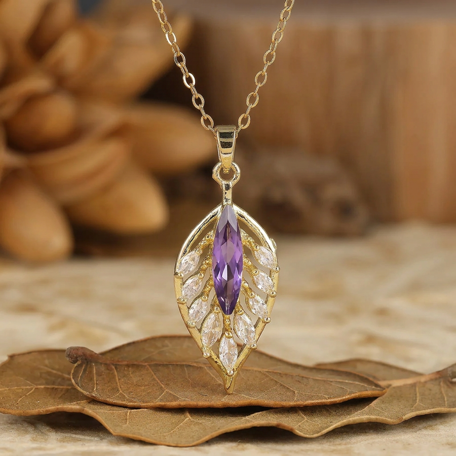 925 Zilveren Marquise Natuurlijke Amethist Veer/Blad Ontwerp Hanger Ketting 14K Gouden Ketting voor Dames