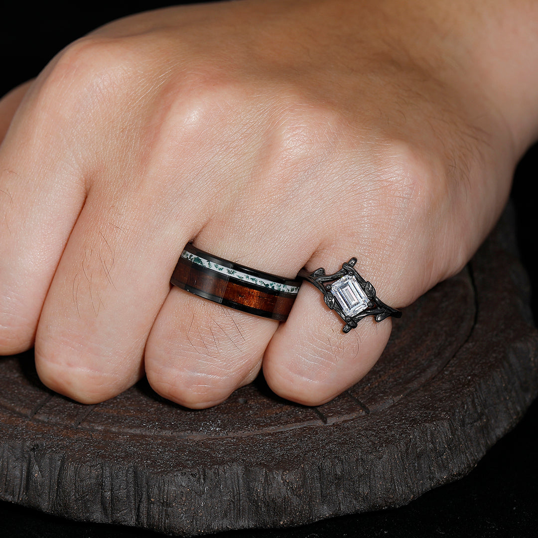 Branches Black Plated Emerald Cut Moissanite Couples Ring Wood Strips And Moss Agate Tungsten His and Hers Set