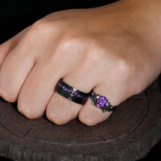 Unique Deep Purple Oval Cut Amethyst Branches Couples Ring Set Tungsten Matching Promise Rings