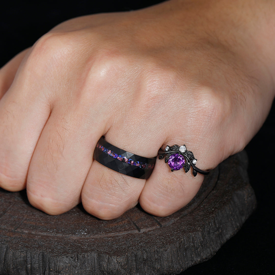 Captivating Purple Round Cut Amethyst Couples Ring Set Purple Blue Tungsten His and Hers Wedding Band