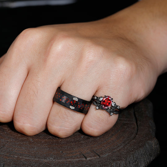 Leaves Natural Red Garnet Engagement Black Plated Couples Ring Hammered Tungsten Matching Band Couples' Set