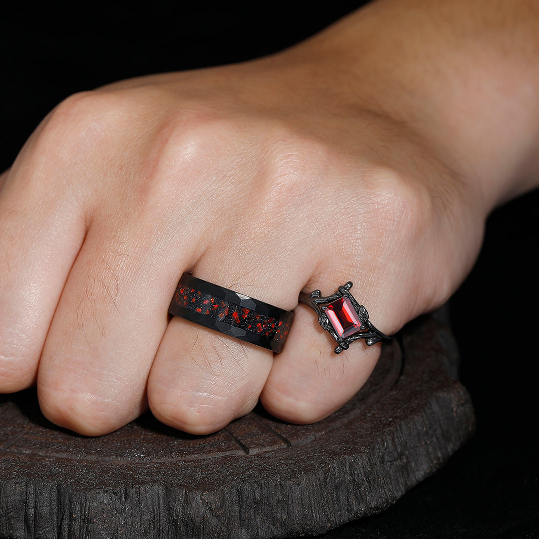 Emerald Cut Red Garnet Branches Couples Ring Set Red Opal Tungsten Matching His and Hers Wedding Band