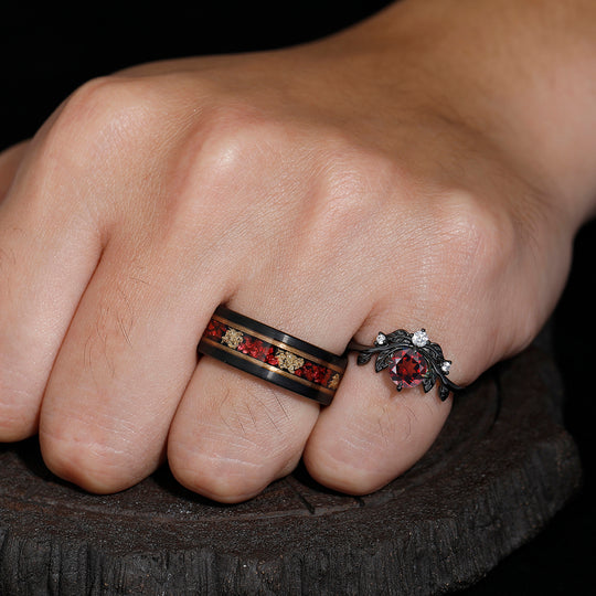 Dainty Red Garnet Engagement Twigs Black Plated Couples Ring Set Ruby Tungsten Matching Ring Couples' Set