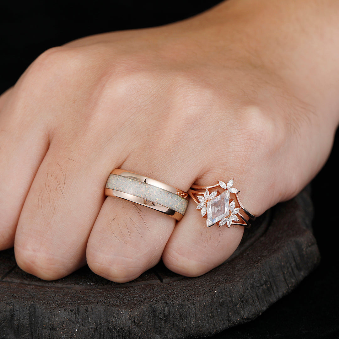 Elegant Petal Shape Moissanite Modern Couple's Set White Opal Rose Gold Plated Couple Rings