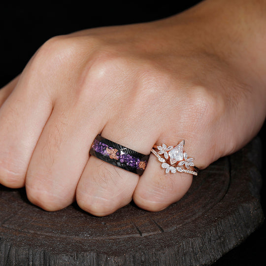 Noble Petal Kite Cut Moissanite Promise Rings for Couples Amethyst Gold Leaf Matching Ring