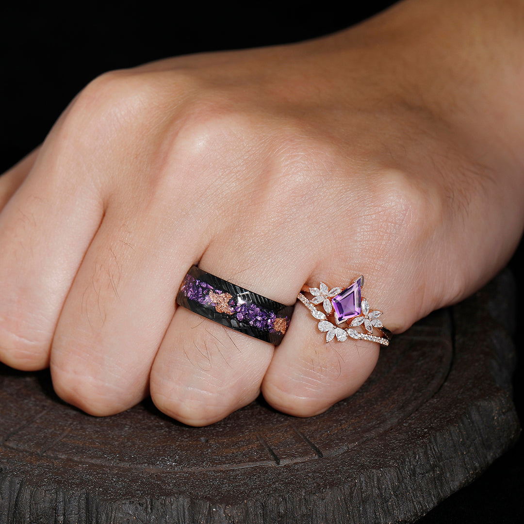 Retro Petal Kite Cut Amethyst Couples Ring Set S925 And Damascus Steel His and Hers Wedding Band