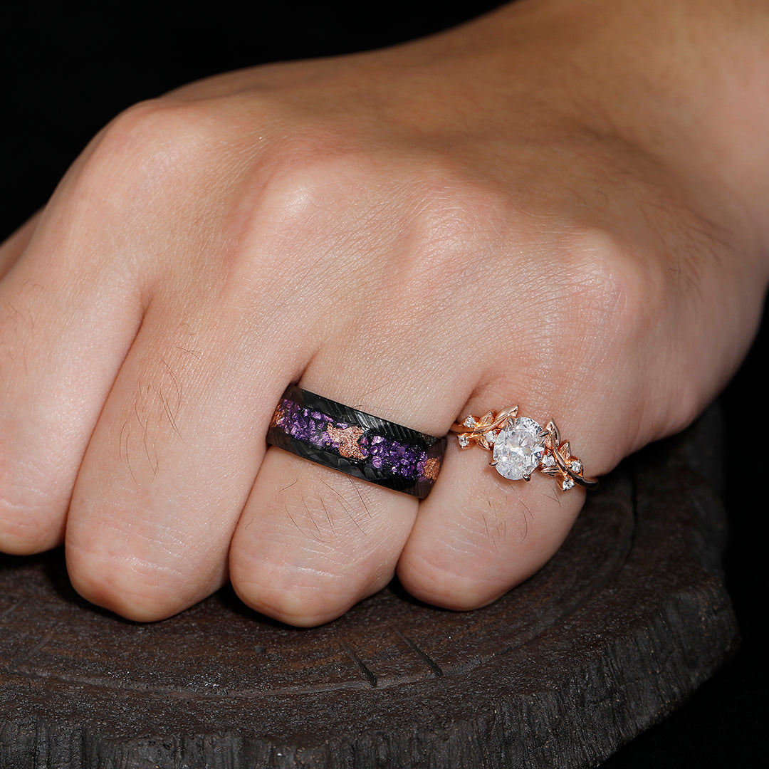 Artsy Leaf Prong Setting Moissanite Couples Ring Set Matching Amethyst Gold Foil Damascus Steel Ring