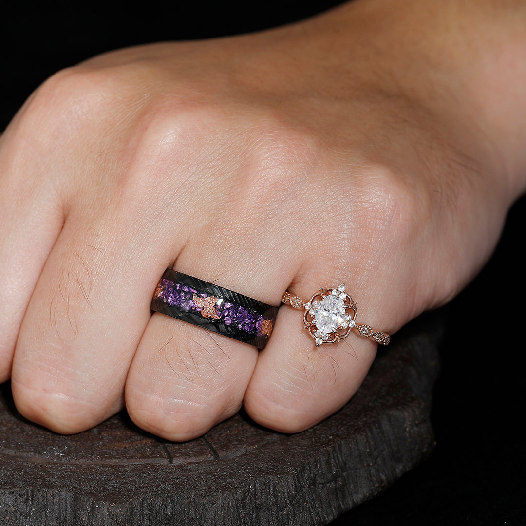 Retro Round Cut Moissanite Vine Matching Promise Rings Amethyst Damascus Steel Couples' Set