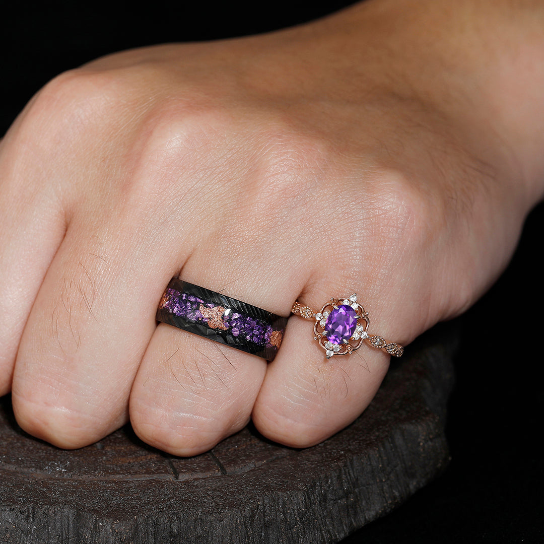 Dainty Natural Amethyst Deco Milgrain Moissanite Floral Couples Ring Set Damascus Steel Matching Ring Set