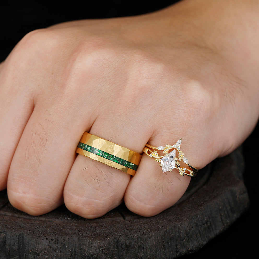 Gorgeous Kite Cut Moissanite Yellow Gold Plated Leafs Couples Ring Set Hammered Emerald Tungsten Ring