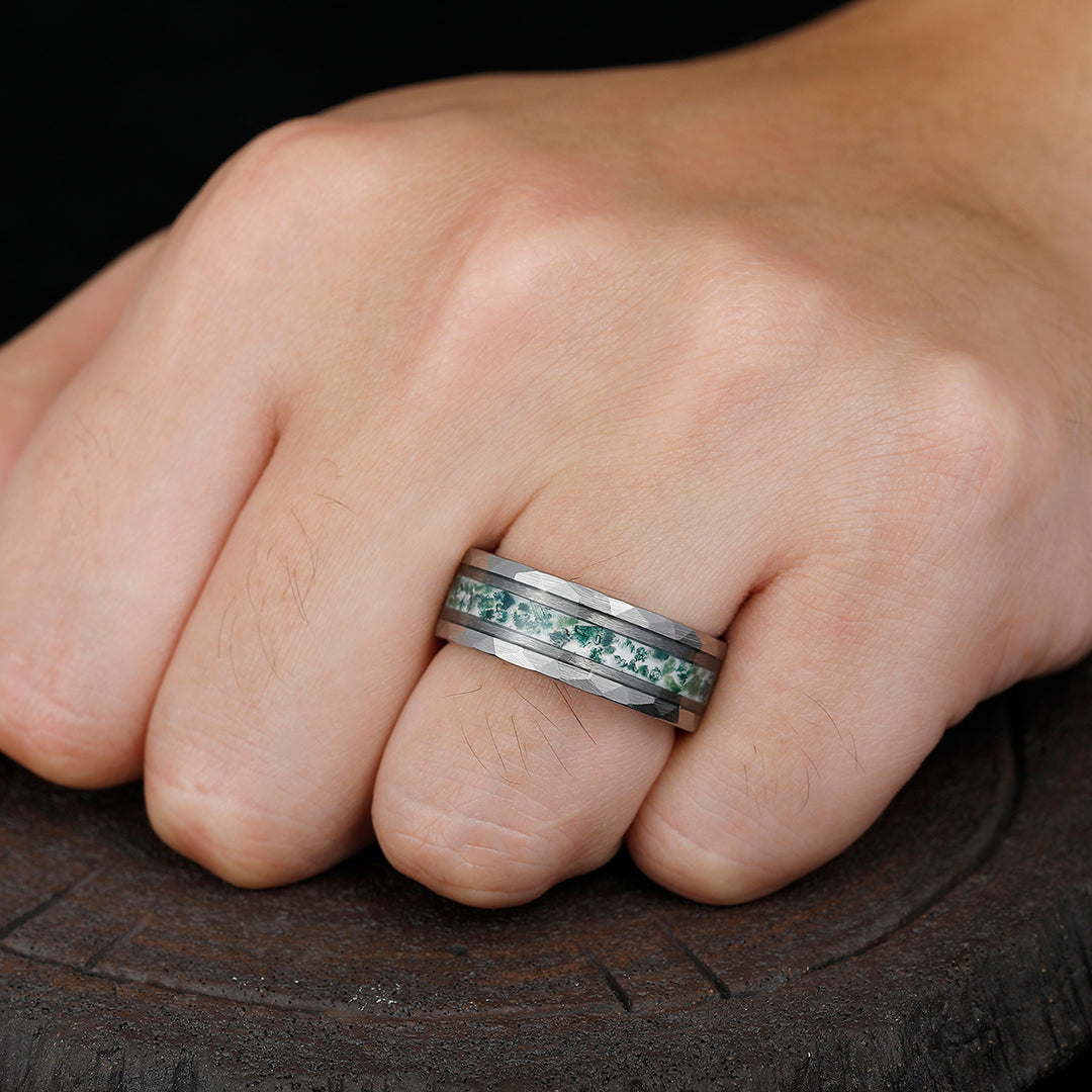 Stylish Men's 8mm Tungsten Ring Moss Agate - Black, Rose Gold, Yellow Gold Anniversary & Promise Band