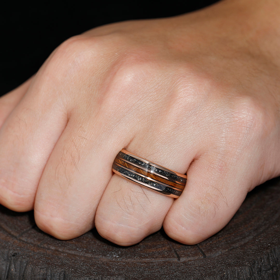 Wood Strips Black Meteorite Tungsten Wedding Band Rose Gold Plated Polished Dome Tungsten Men' s Anniversary Ring