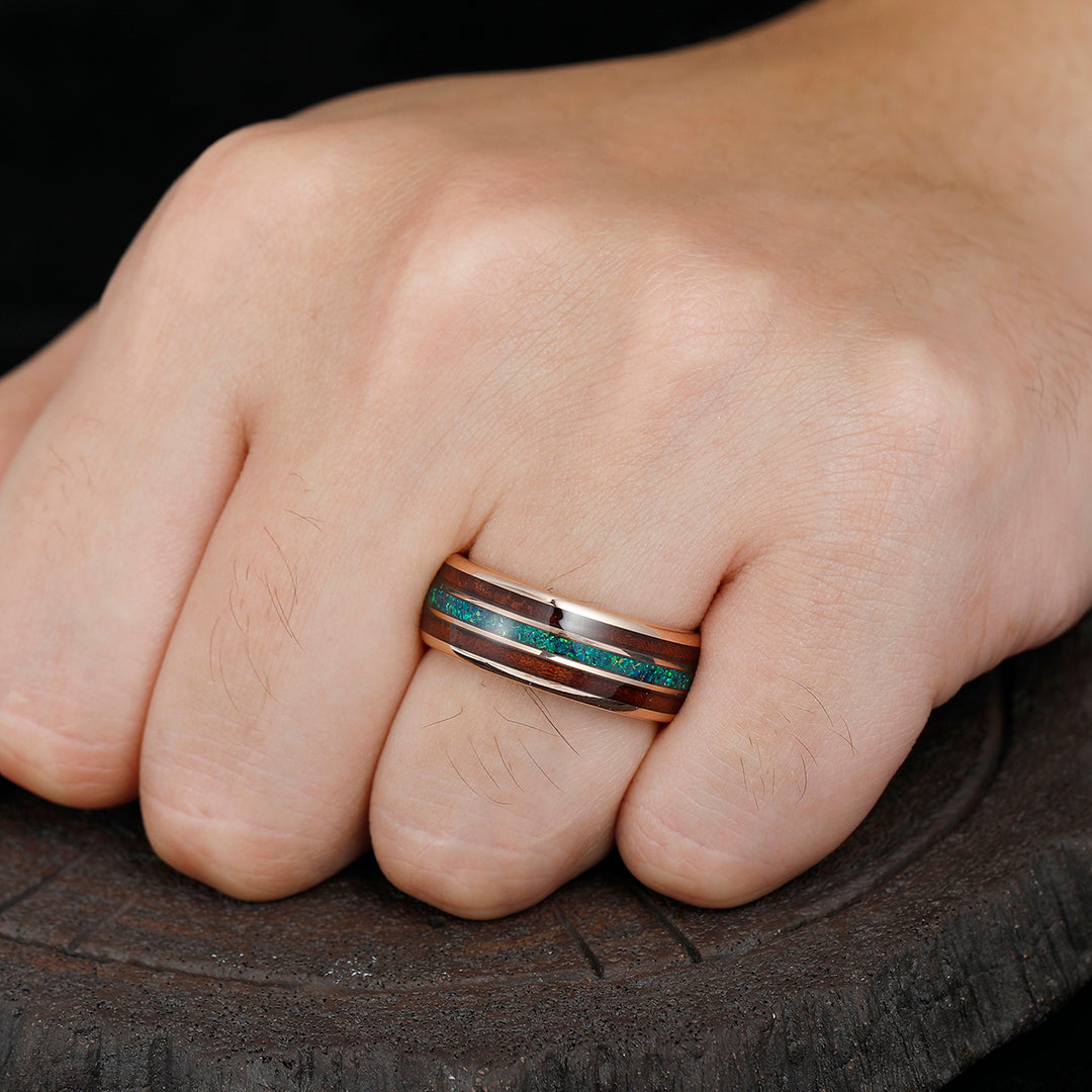 8mm Peacock Blue Opal Wood Tungsten Wedding Band Glossy Substantial Men' s Unisex Ring