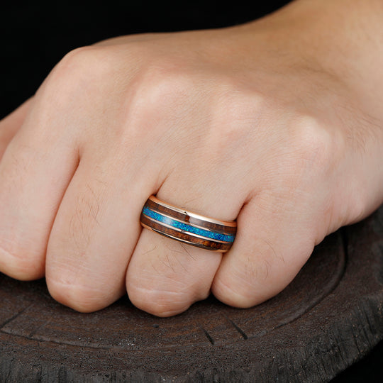 Subtle Blue Opal Batten Men' s Wedding Band Polished Dome Tungsten Ring For Birthday Gift