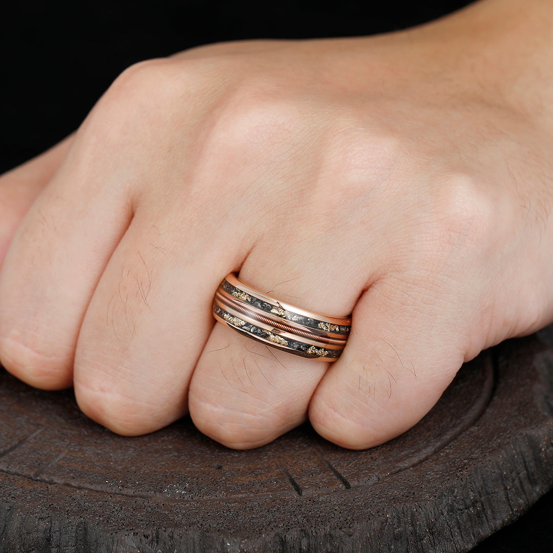 Black Meteorites Gold Foils Men' s Unisex Ring Scratch-Resistan Tungsten For Birthday Gift