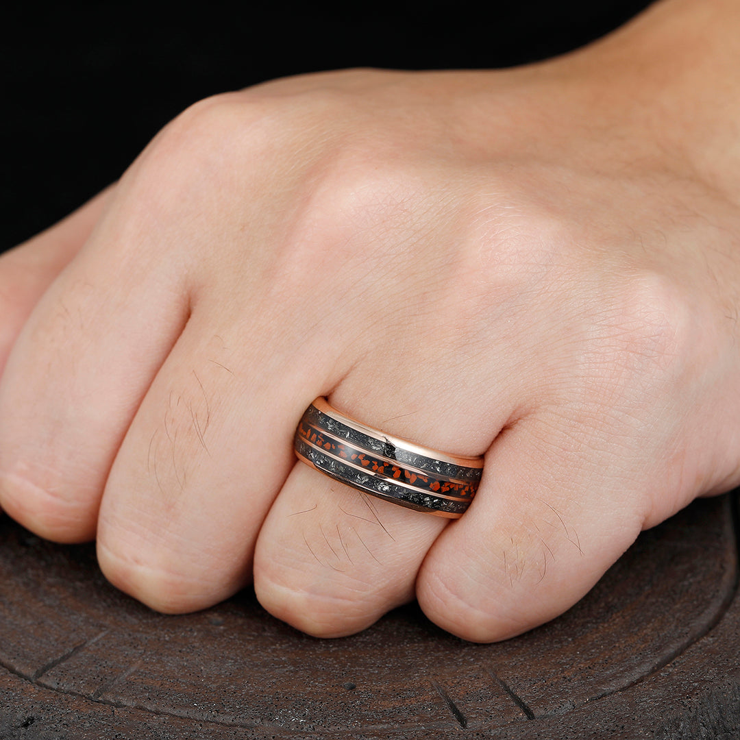 Dark Red Gravel Black Meteorite Men' s Unisex Ring Polished Long-lasting Tungsten Wedding Band