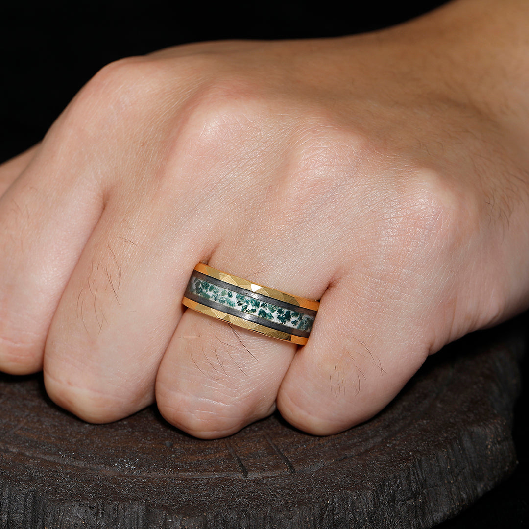 Stylish Men's 8mm Tungsten Ring Moss Agate - Black, Rose Gold, Yellow Gold Anniversary & Promise Band