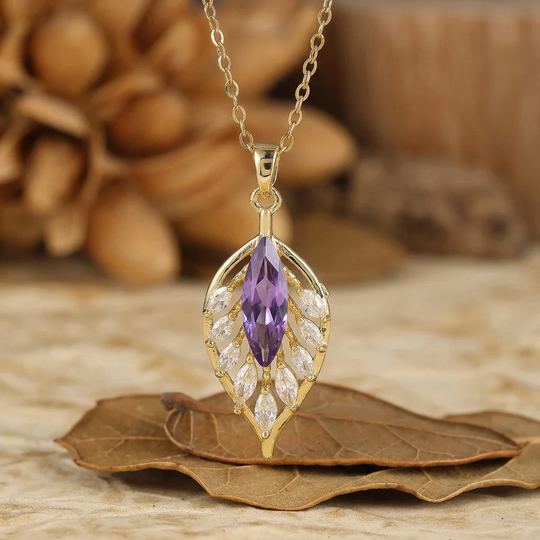 925 Argento Collana con Pendente a Forma di Piuma/Foglia Marquise con Acquamarina, Collana in Oro 14K per Donna