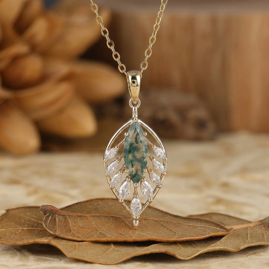 Collier Pendentif Argent 925 Opale Marquise Rose et Blanche — Motif Plume/Feuille, Or 14K Pour Femmes