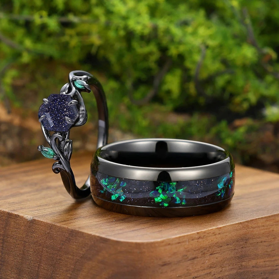 Art Deco Blue Sanstone Crossed Twigs Engagement Couple Rings Modern Couple's Set Matching Black Tungsten Wedding Band -  Esdomera.com