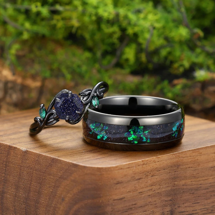 Art Deco Blue Sanstone Crossed Twigs Engagement Couple Rings Modern Couple's Set Matching Black Tungsten Wedding Band -  Esdomera.com