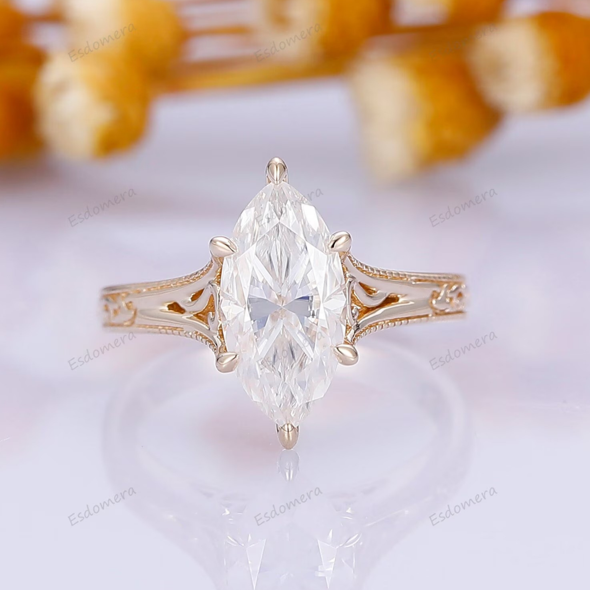 Marquise Cut Solitaire Moissanite Ring Solid Gold Filigree Wedding Ring 6 Prongs Women Ring -  Esdomera.com